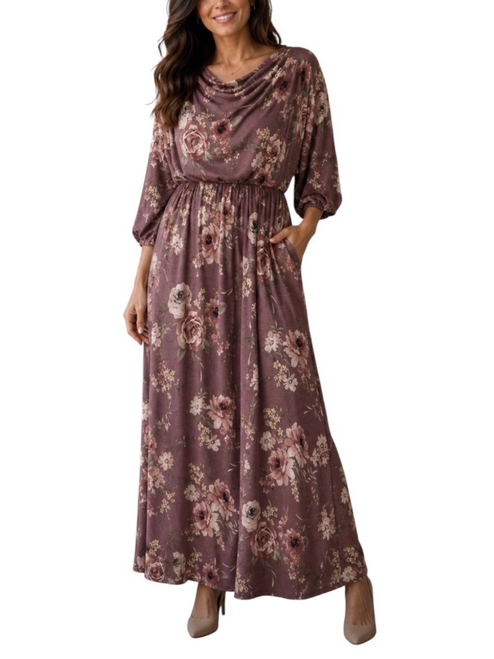 White Birch Mauve Floral Maxi Dress w/Cowl Neck Size XL Elastic Waist Side Split